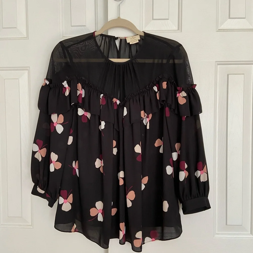 NWOT Kate Spade Black Floral Glitzy Ritzy Dusk Buds Ruffle Top Size M $228
